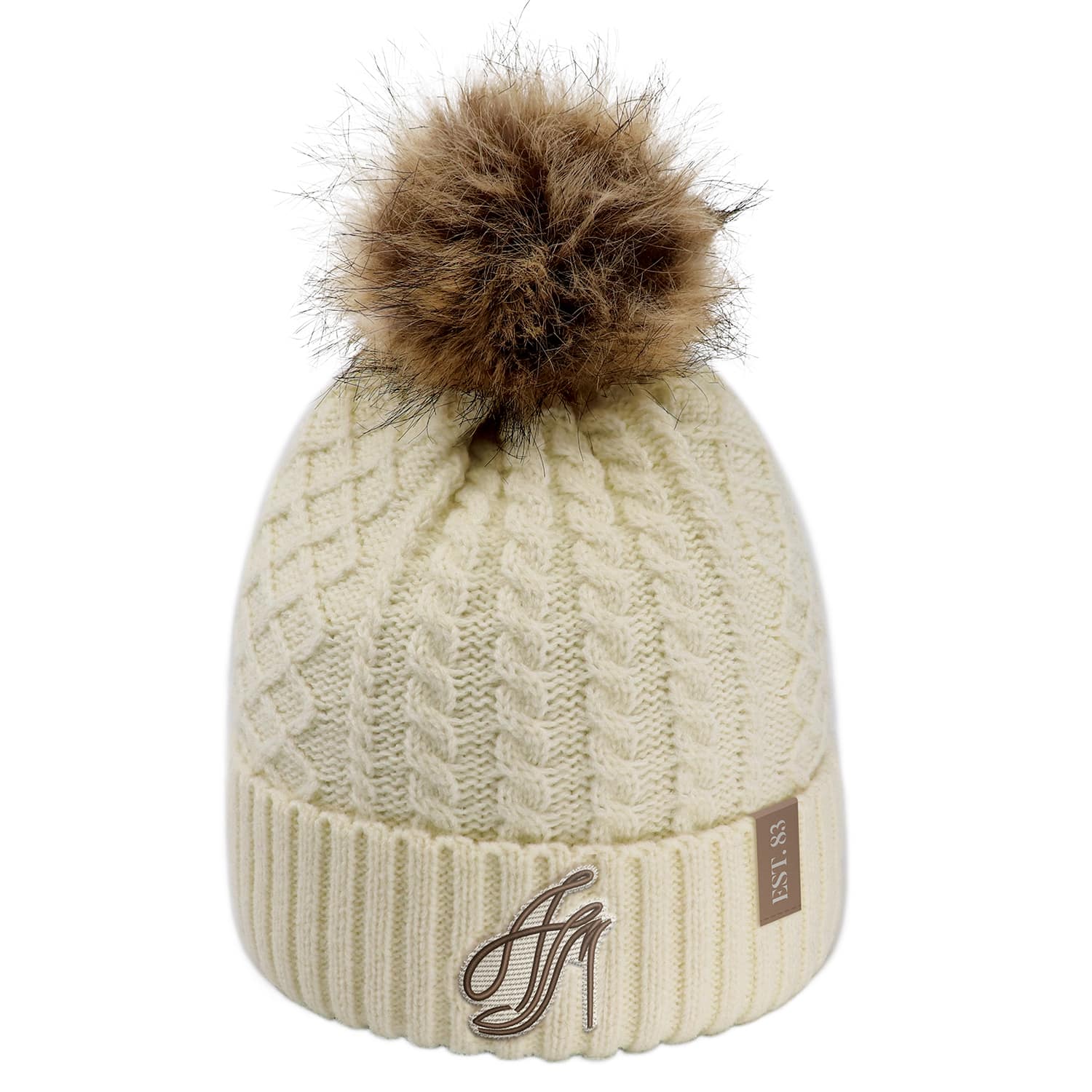 Tuque à revers en acrylique / polyester satin (Pompon en fausse fourrure 12 cm, Femme)