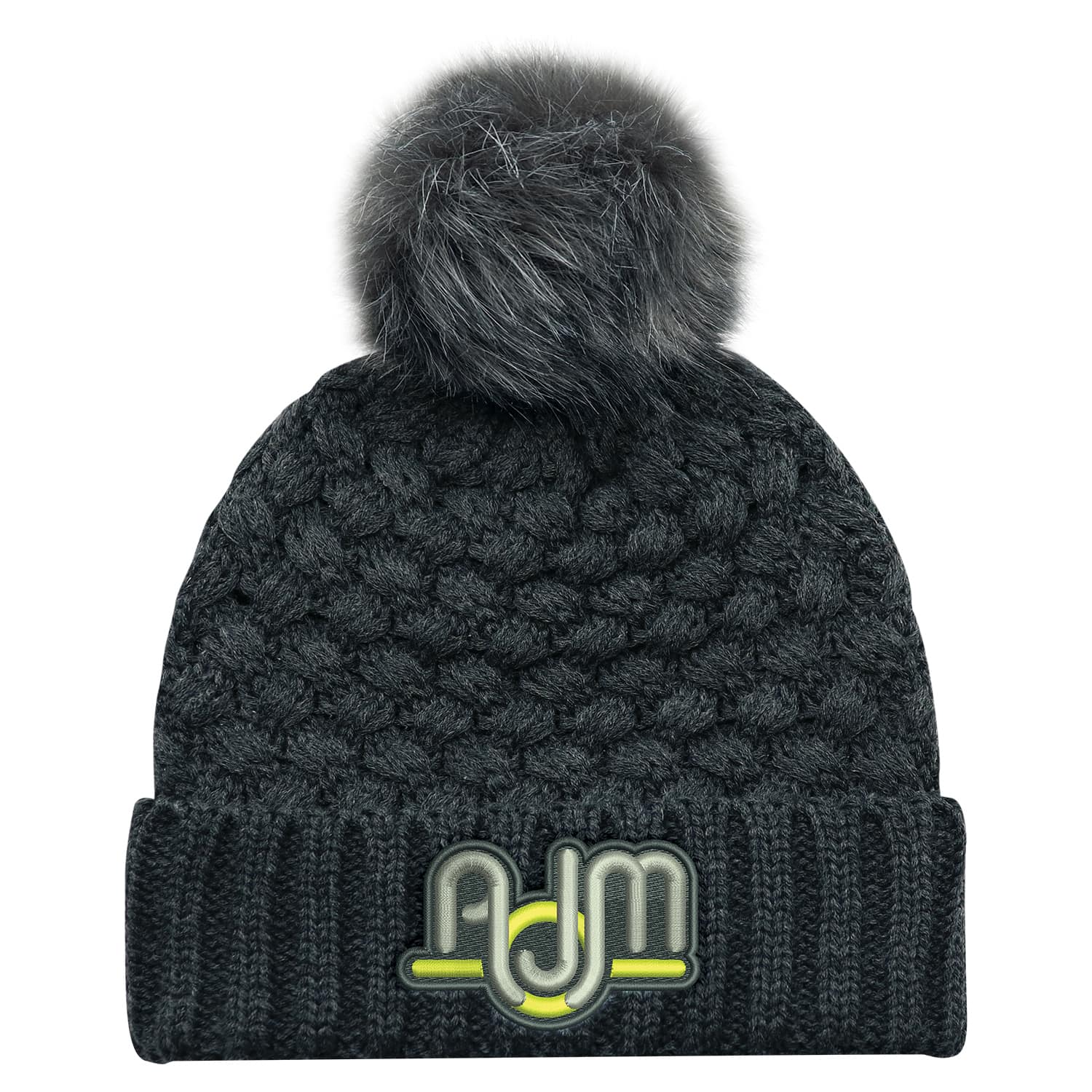 Tuque en acrylique à revers (Pompon en fausse fourrure 12cm, Femme)